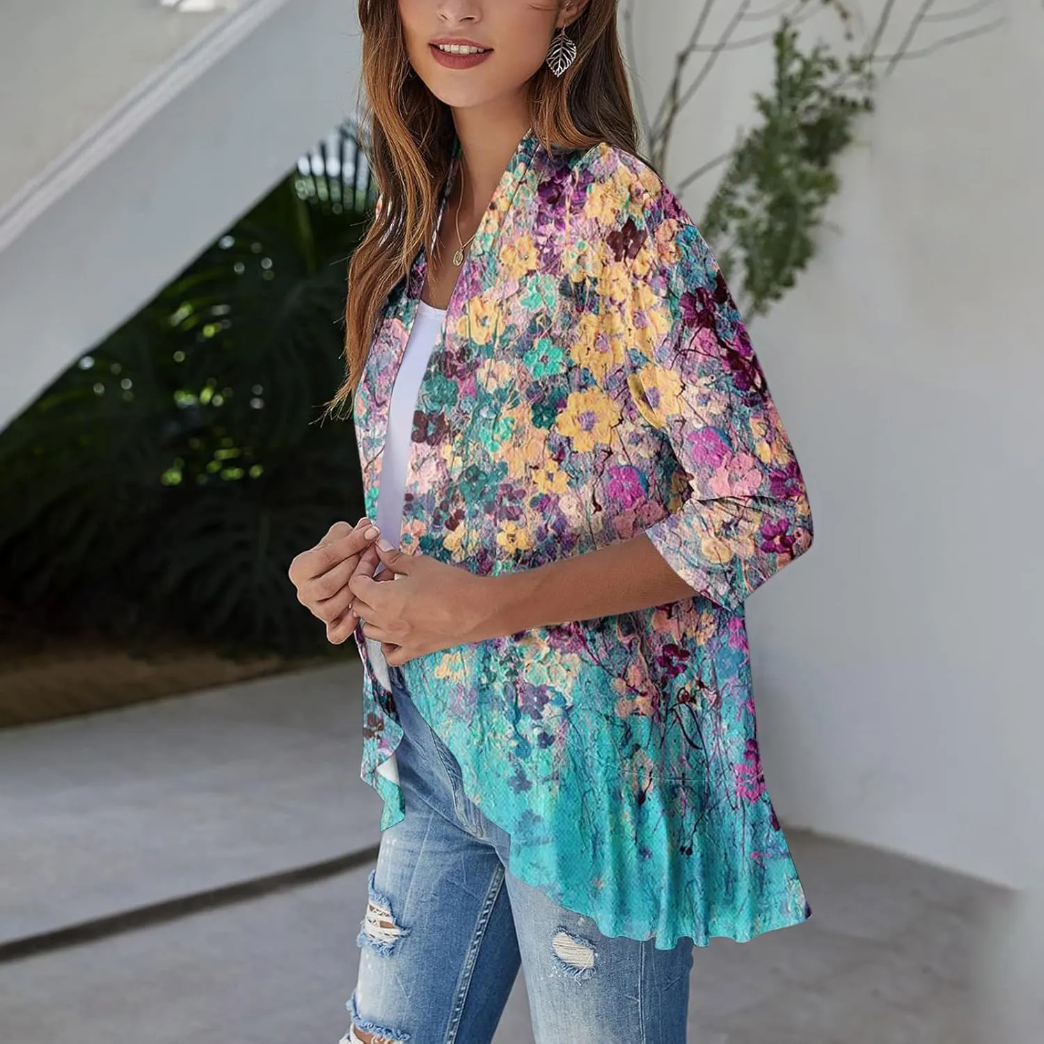 Cardigans for Women 2025 Retro Print Lightweight Cardigans Casual Duster Jackets 3/4 Sleeve Blouse Tops Coat