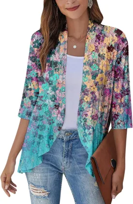 Cardigans for Women 2025 Retro Print Lightweight Cardigans Casual Duster Jackets 3/4 Sleeve Blouse Tops Coat