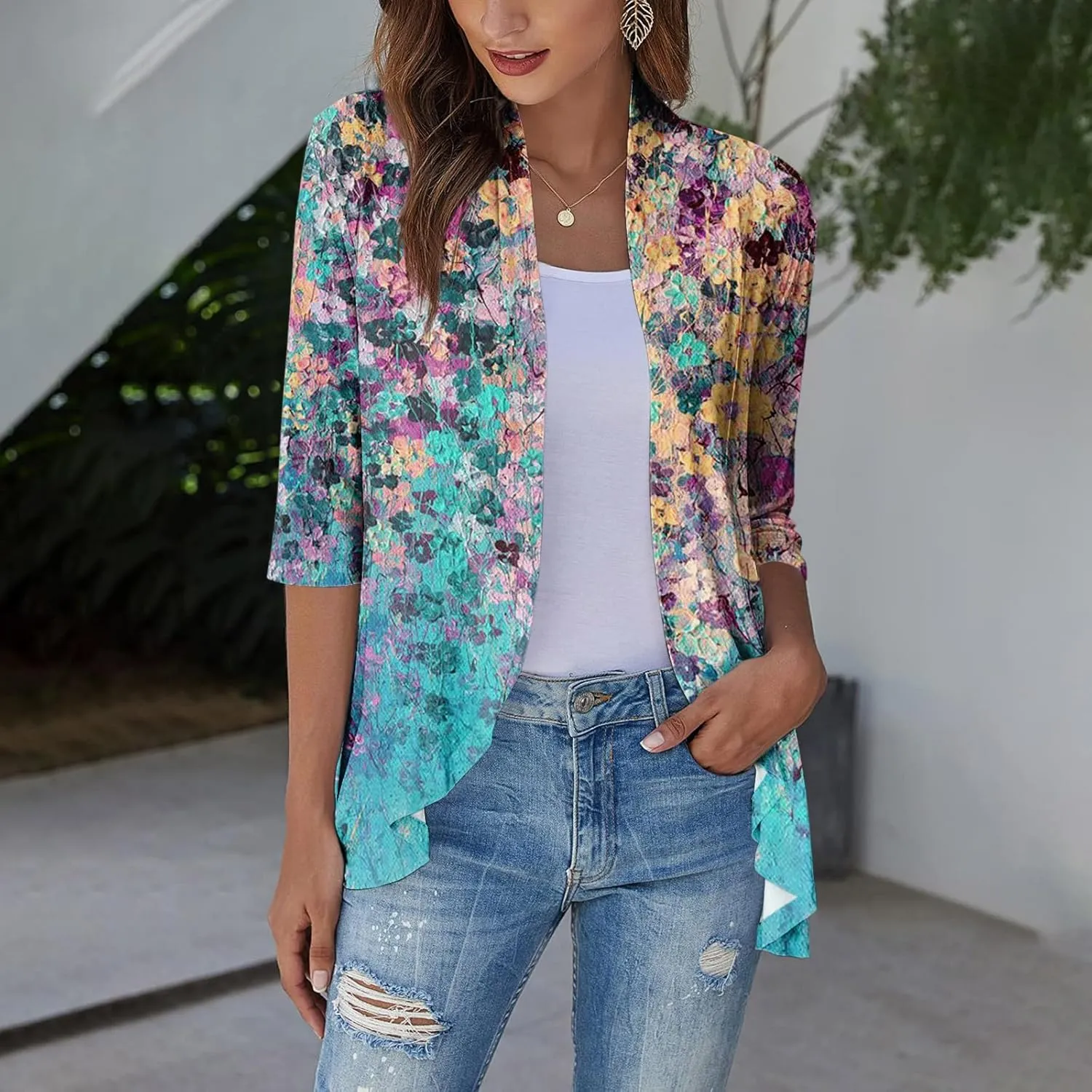 Cardigans for Women 2025 Retro Print Lightweight Cardigans Casual Duster Jackets 3/4 Sleeve Blouse Tops Coat