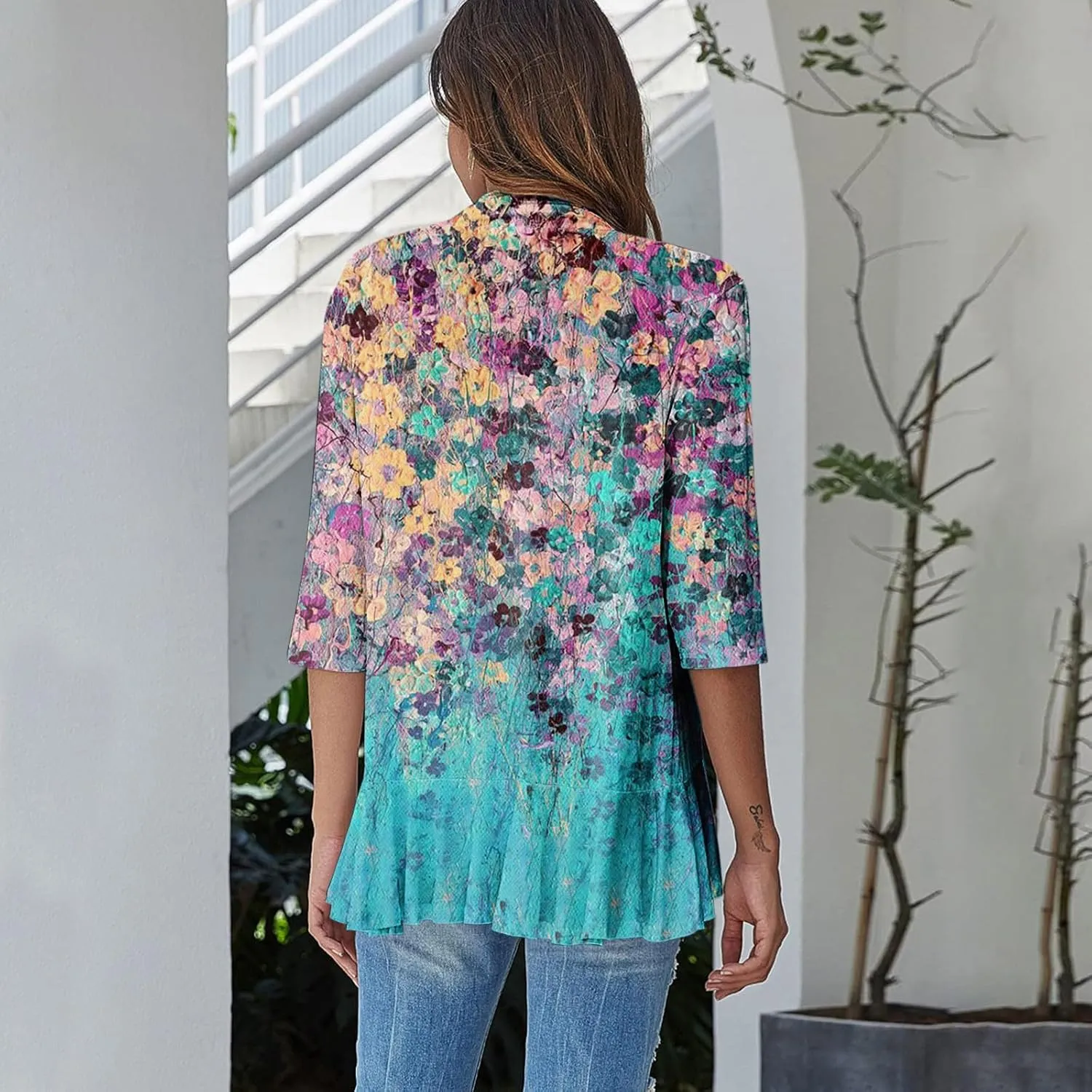 Cardigans for Women 2025 Retro Print Lightweight Cardigans Casual Duster Jackets 3/4 Sleeve Blouse Tops Coat