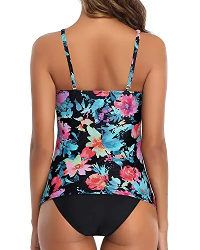 Charming Adjustable Neckline Two Piece Tankini Swimsuit-Pink Flower Blue