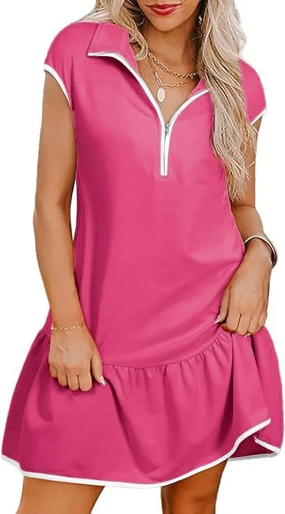 Chvity Women Dresses Fashion Colorblock Casual Cap Sleeve Half Zip Mini Dress with Pockets