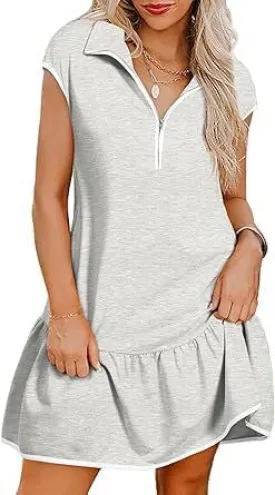 Chvity Women Dresses Fashion Colorblock Casual Cap Sleeve Half Zip Mini Dress with Pockets