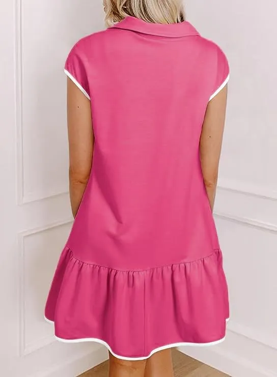 Chvity Women Dresses Fashion Colorblock Casual Cap Sleeve Half Zip Mini Dress with Pockets