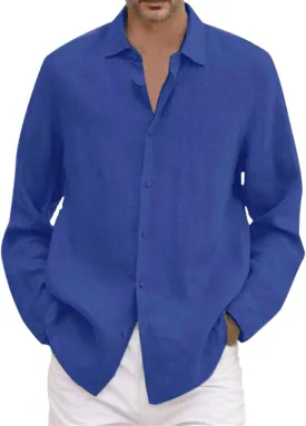 Cotton Linen Shirts for Men Long Sleeve Button Down Shirts Summer Beach Shirts Loose Fit Casual Shirts Vacation Tops