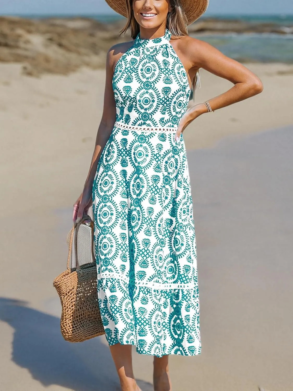 CUPSHE Women's Midi Dress Halter Paisley Sleeveless Cutout Waist Long Beach Boho Summer Dress