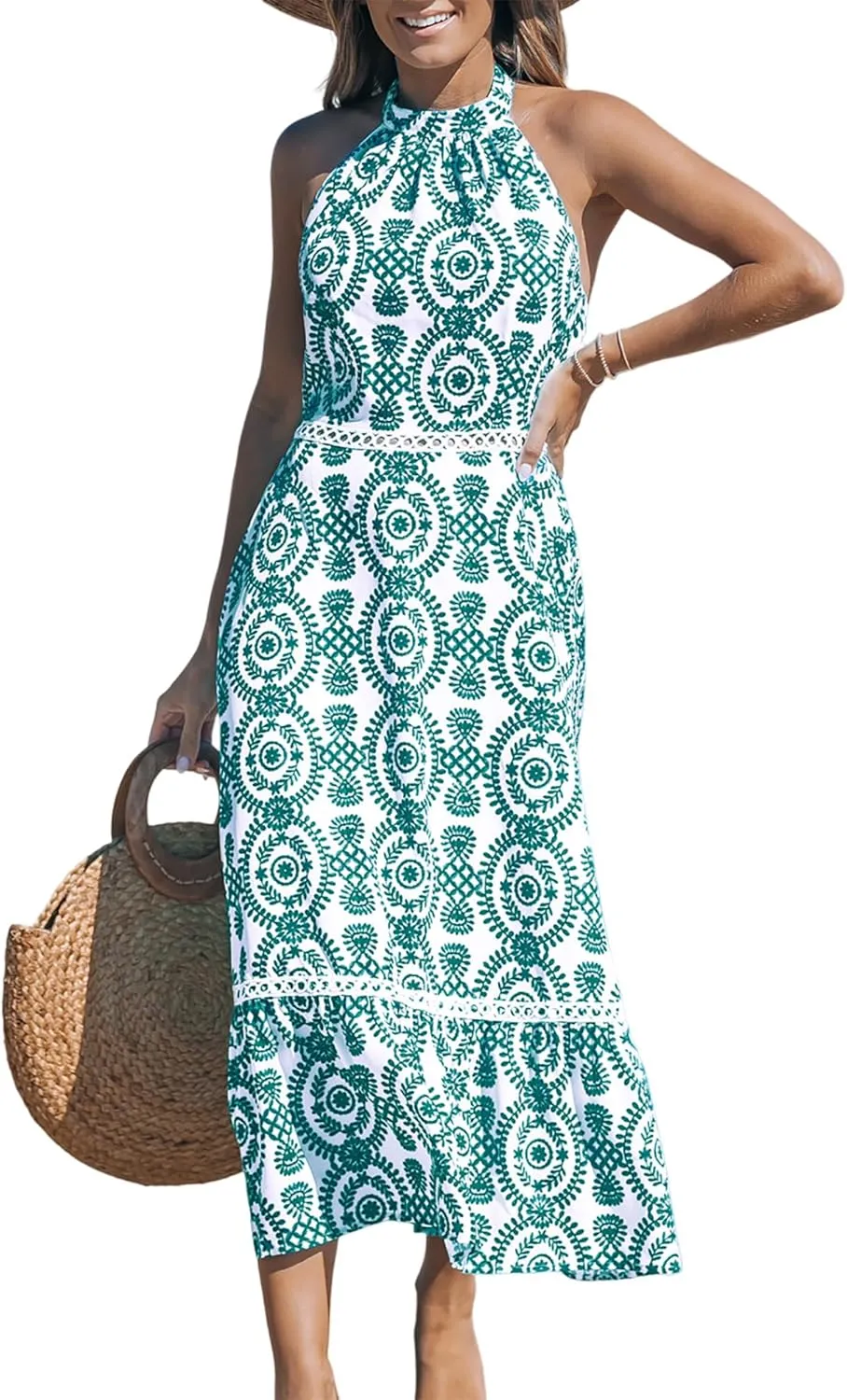 CUPSHE Women's Midi Dress Halter Paisley Sleeveless Cutout Waist Long Beach Boho Summer Dress