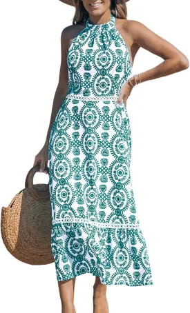 CUPSHE Women's Midi Dress Halter Paisley Sleeveless Cutout Waist Long Beach Boho Summer Dress