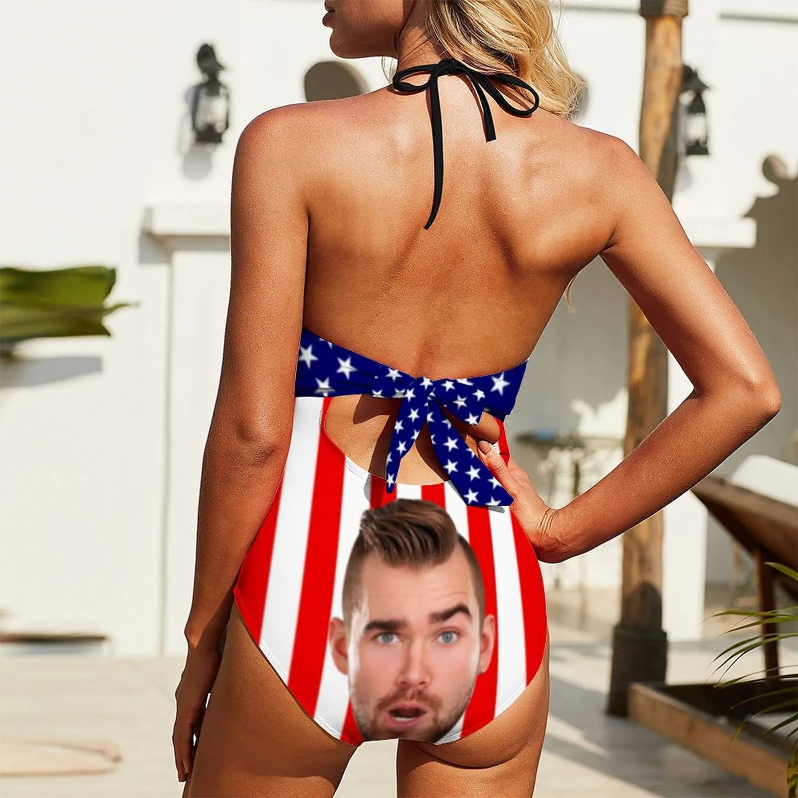 Custom Face Bathing Suit USA Flag Women's Backless Bow One Piece Swimsuit