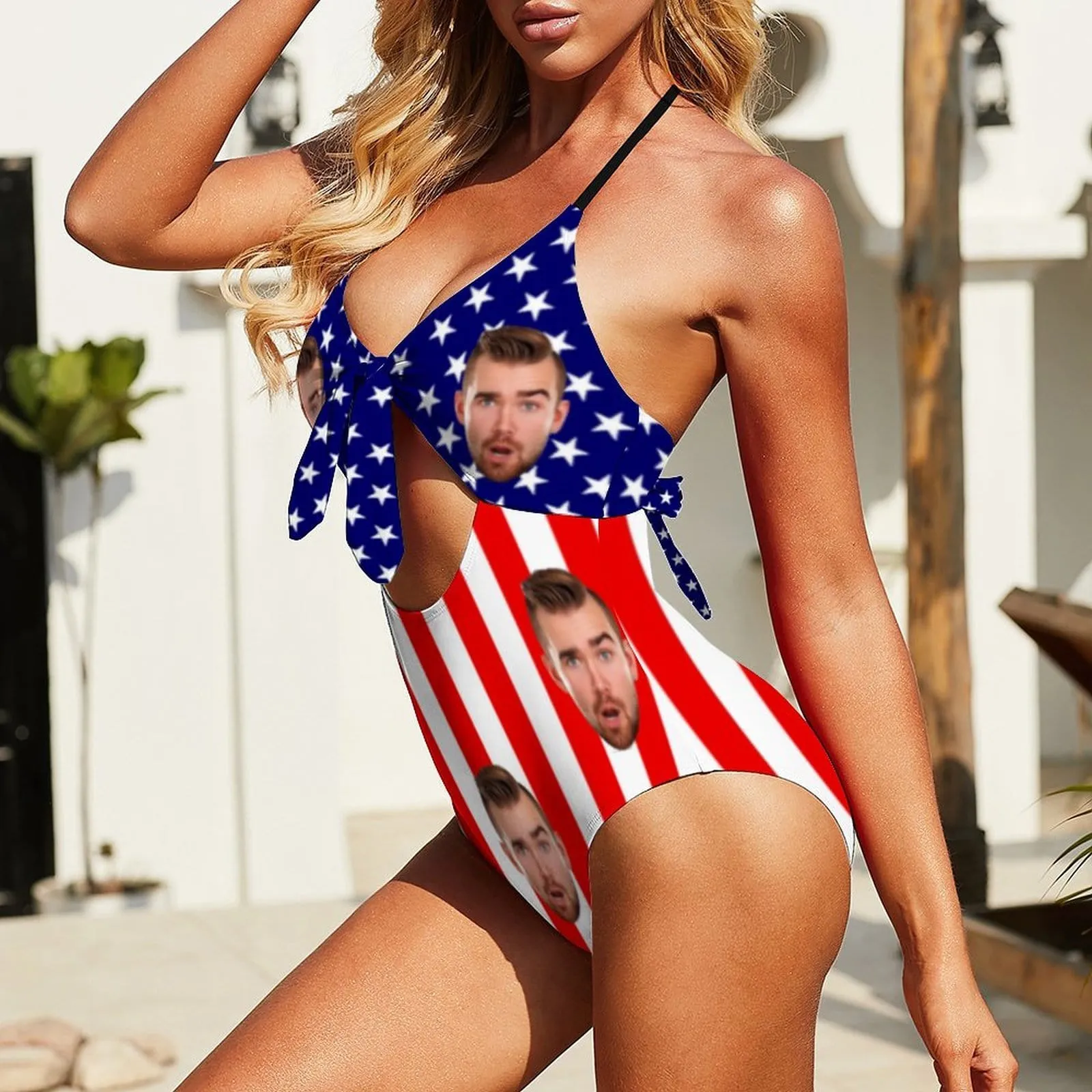 Custom Face Bathing Suit USA Flag Women's Backless Bow One Piece Swimsuit