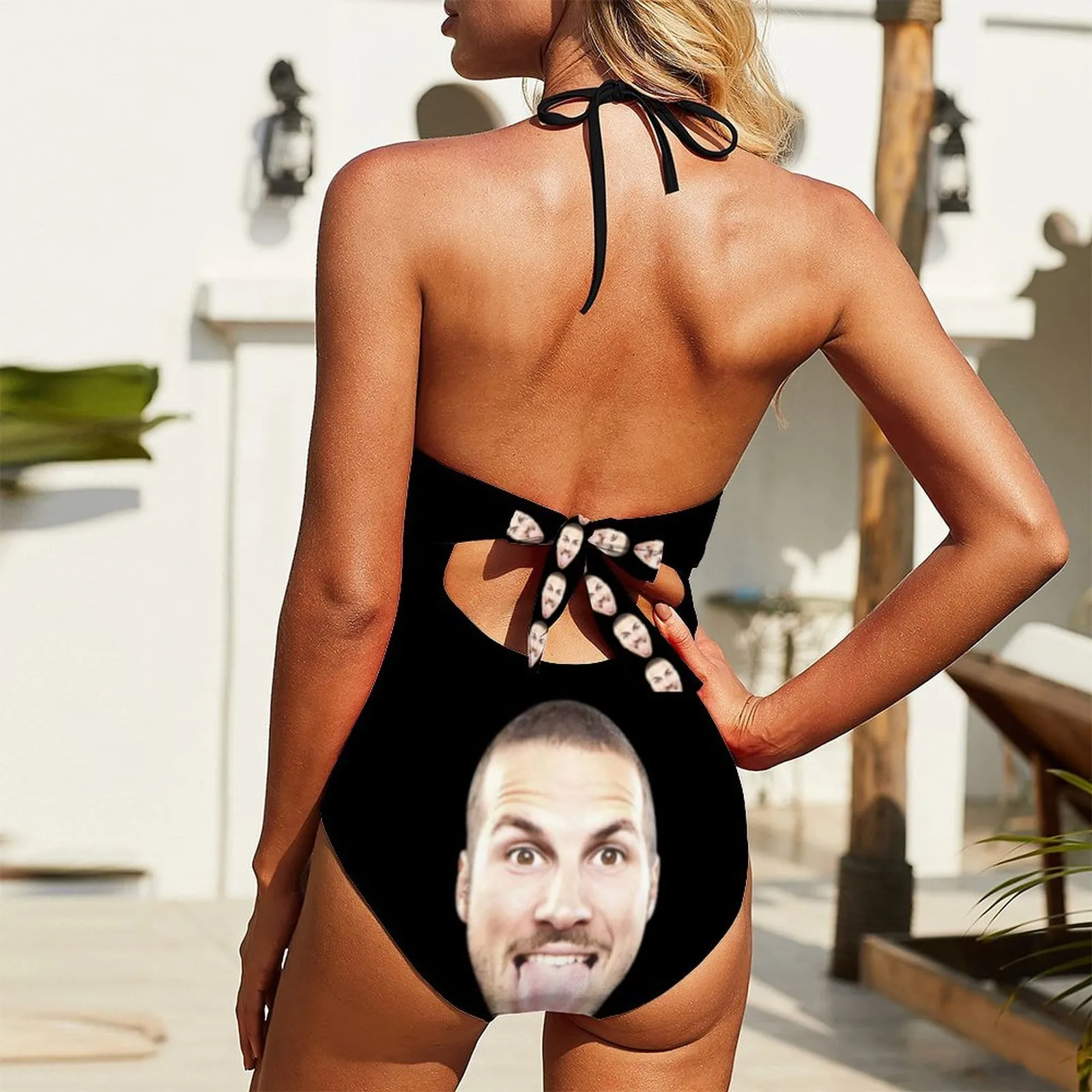 Custom Face Black Women's Backless Bow One Piece Swimsuit