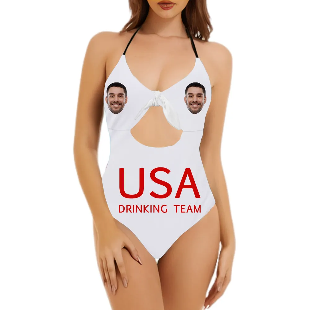 Custom Face Drinking Team Swimsuit Backless Bow Bathing Suit