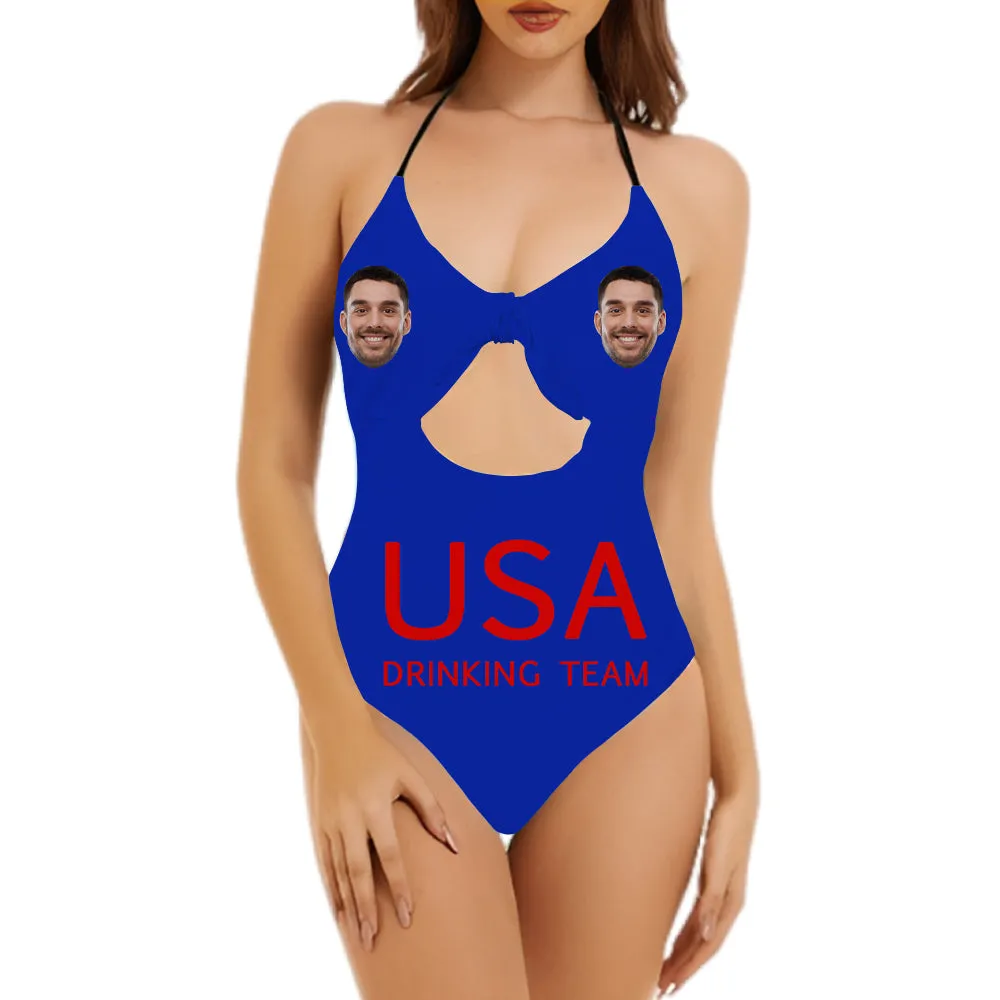 Custom Face Drinking Team Swimsuit Backless Bow Bathing Suit