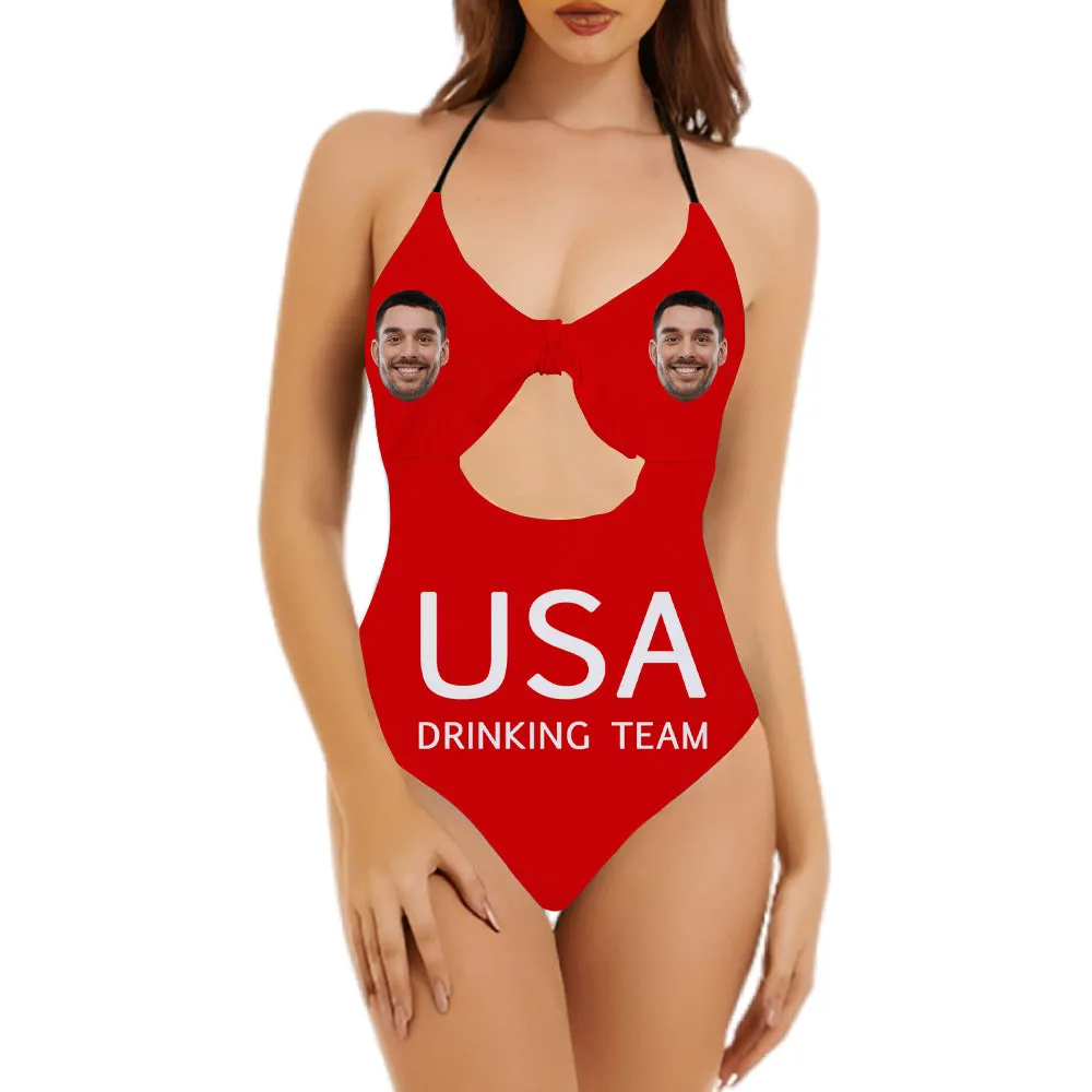 Custom Face Drinking Team Swimsuit Backless Bow Bathing Suit