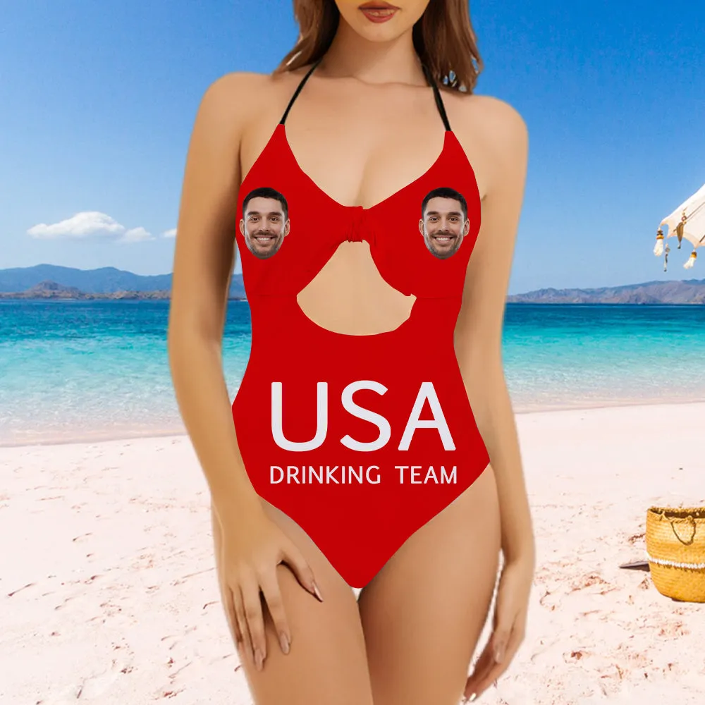 Custom Face Drinking Team Swimsuit Backless Bow Bathing Suit