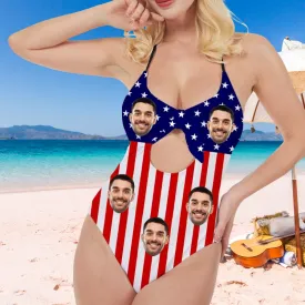 Custom Face Flag Swimsuit Women's Backless Bow Bathing Suits