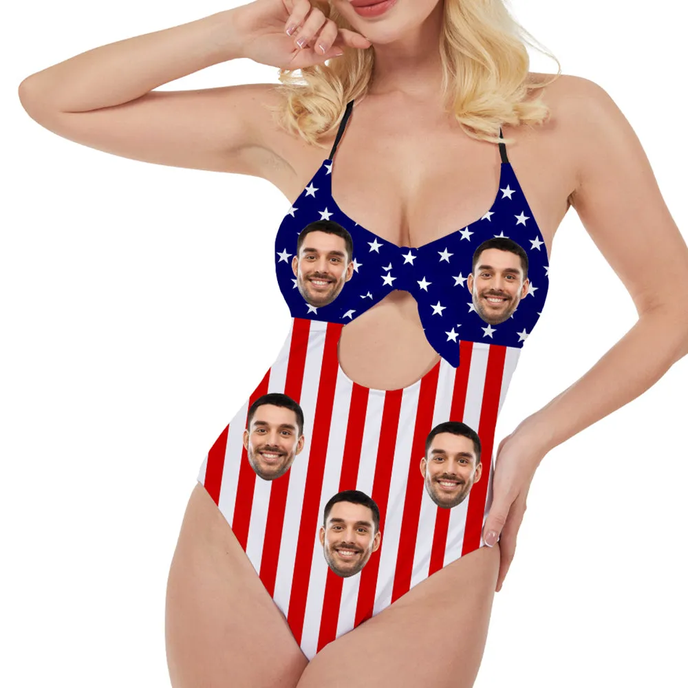 Custom Face Flag Swimsuit Women's Backless Bow Bathing Suits
