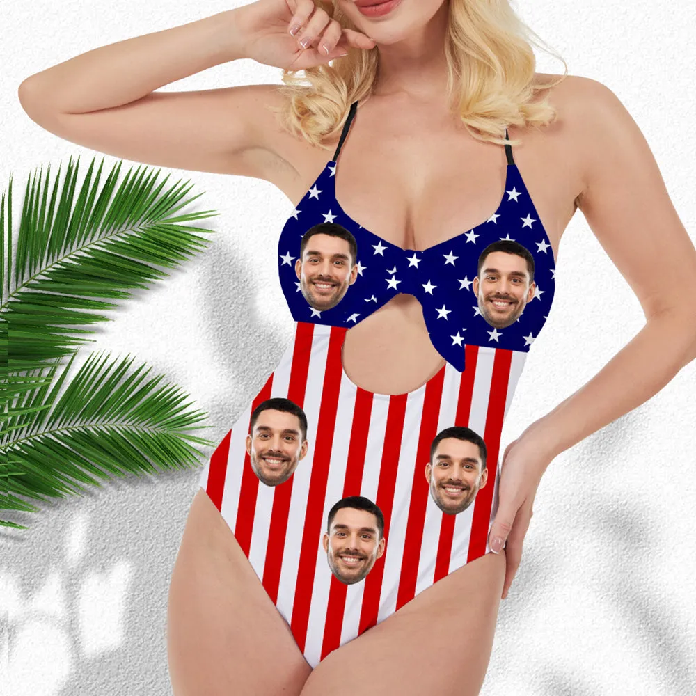 Custom Face Flag Swimsuit Women's Backless Bow Bathing Suits