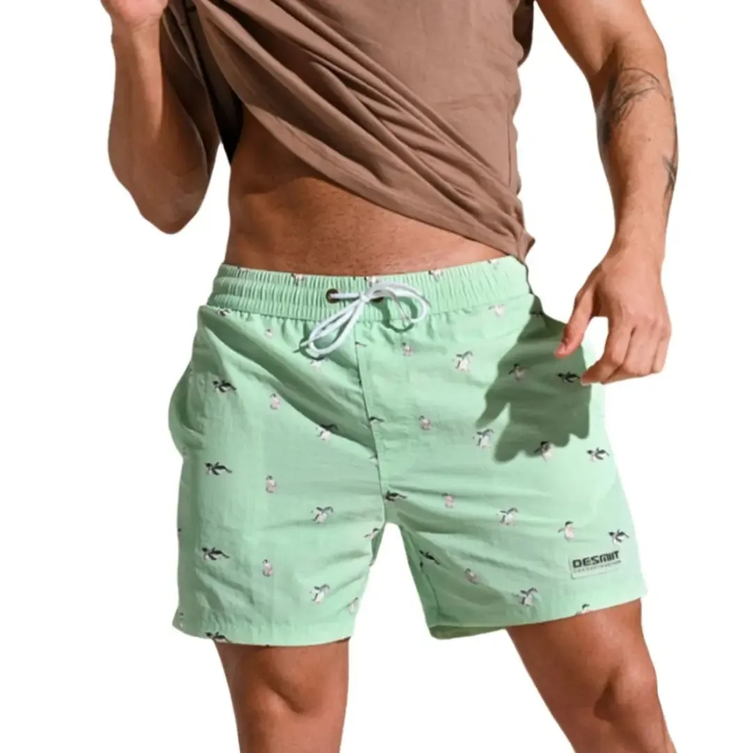 Desmiit Men's Striped Penguin Print Board Shorts | Quick-Dry Blue Swim Trunks