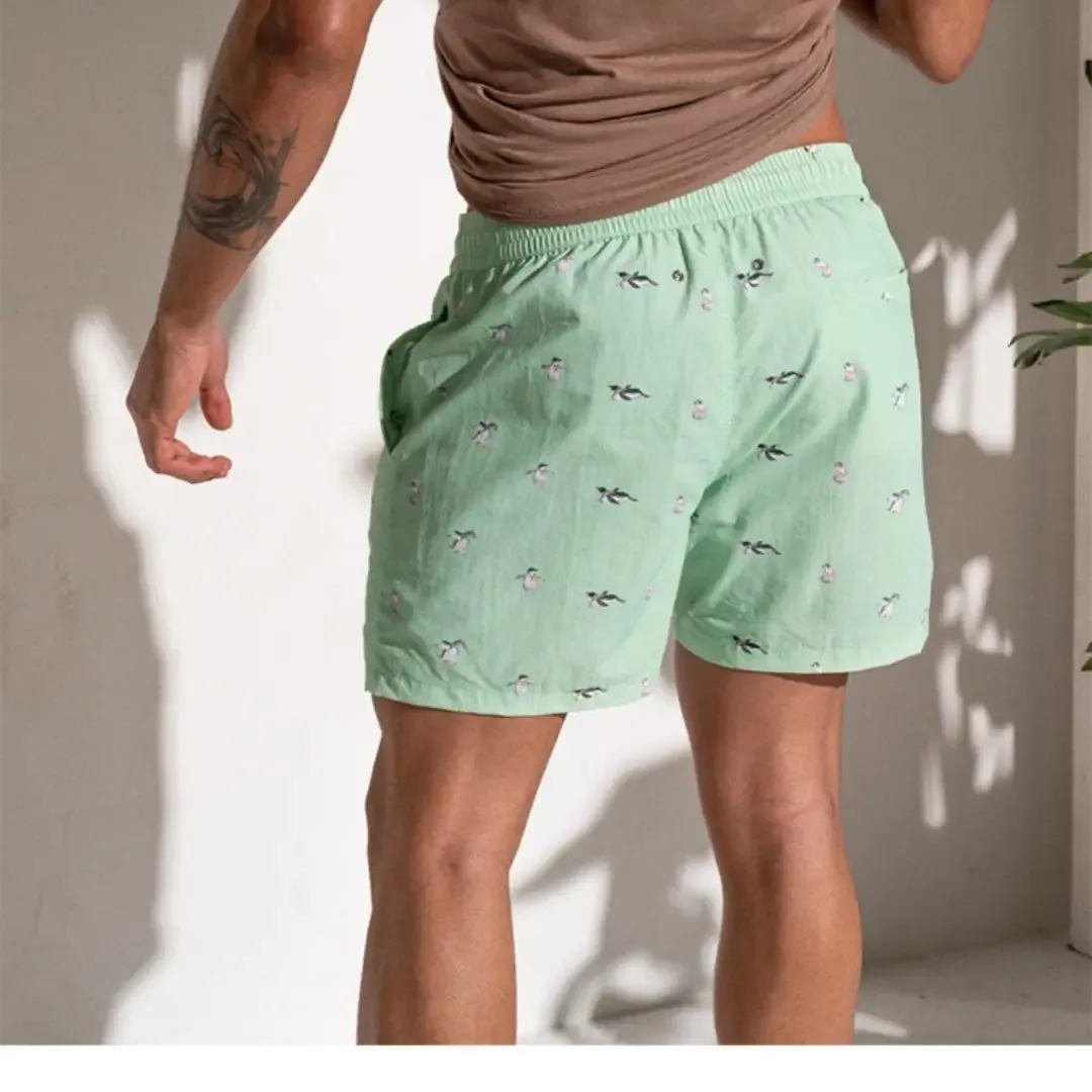 Desmiit Men's Striped Penguin Print Board Shorts | Quick-Dry Blue Swim Trunks