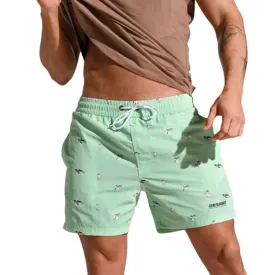 Desmiit Men's Striped Penguin Print Board Shorts | Quick-Dry Blue Swim Trunks