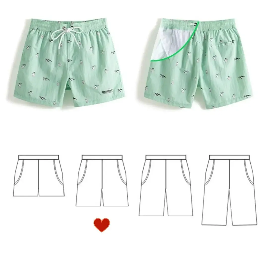 Desmiit Men's Striped Penguin Print Board Shorts | Quick-Dry Blue Swim Trunks