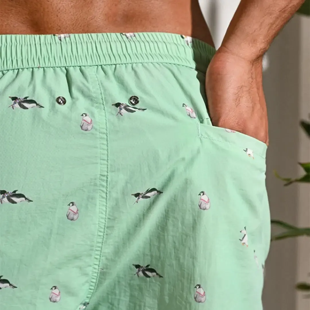 Desmiit Men's Striped Penguin Print Board Shorts | Quick-Dry Blue Swim Trunks