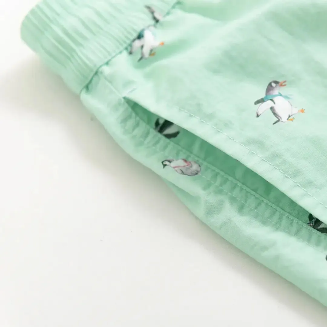 Desmiit Men's Striped Penguin Print Board Shorts | Quick-Dry Blue Swim Trunks