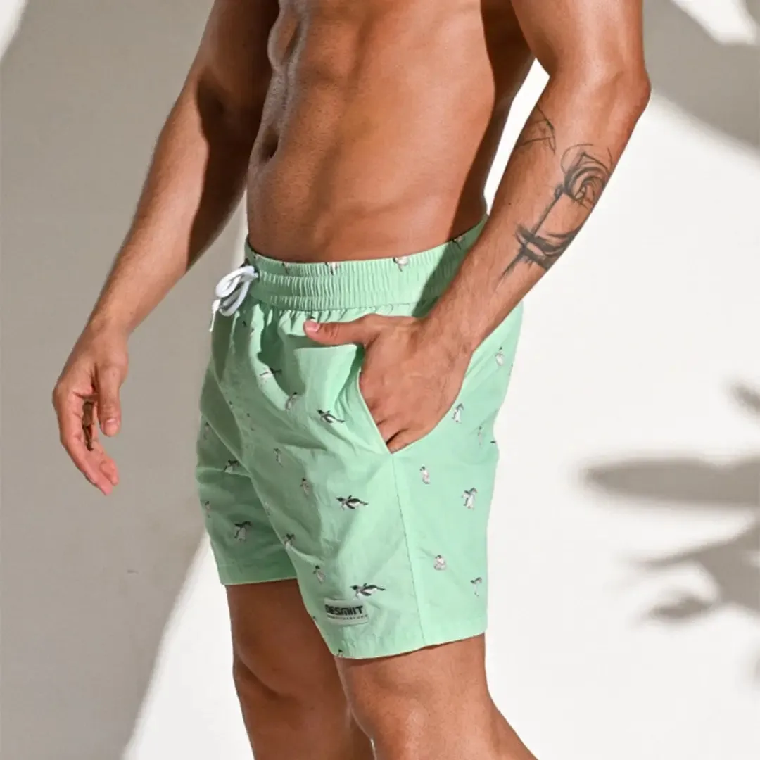 Desmiit Men's Striped Penguin Print Board Shorts | Quick-Dry Blue Swim Trunks