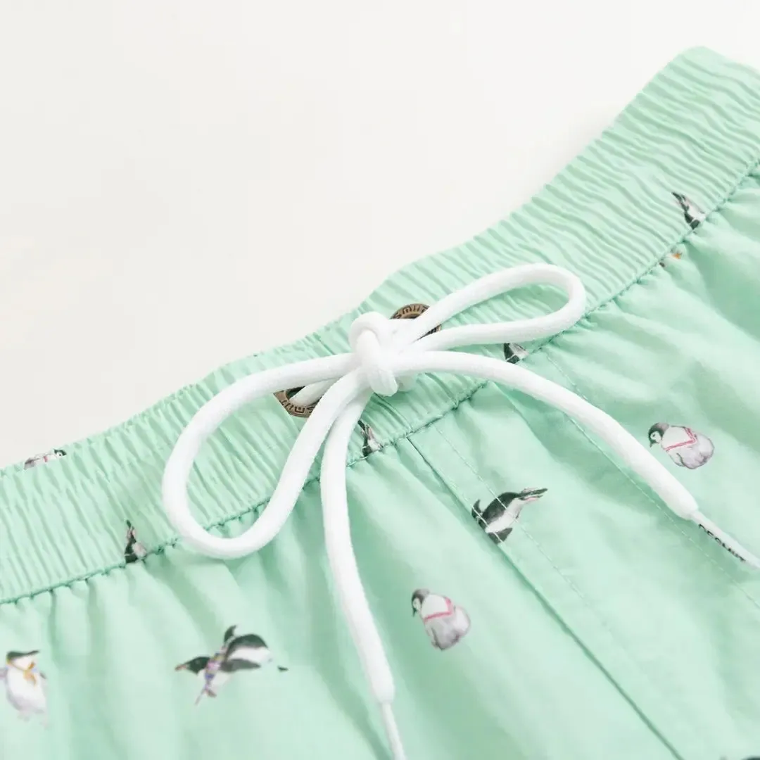 Desmiit Men's Striped Penguin Print Board Shorts | Quick-Dry Blue Swim Trunks
