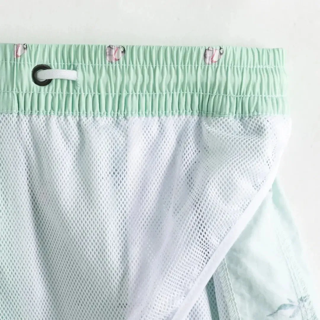 Desmiit Men's Striped Penguin Print Board Shorts | Quick-Dry Blue Swim Trunks