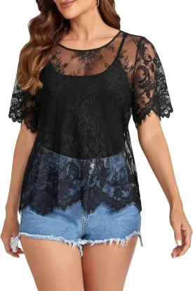 Floerns Women's Plus Size Sheer Mesh Short Sleeve Crop Top T Shirt Without Bra