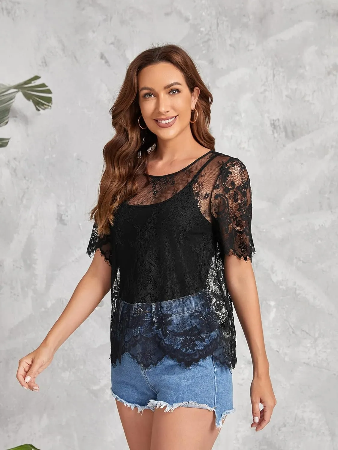 Floerns Women's Plus Size Sheer Mesh Short Sleeve Crop Top T Shirt Without Bra
