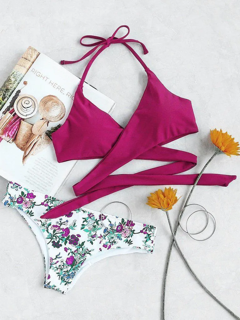 Floral Halter Wrap Knotted Back Bikini Set