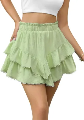 Flowy Shorts for Women Casual Boho Skorts Floral Ruffle Tiered High Waist Flared Mini Skirts Tennis Golf Shorts