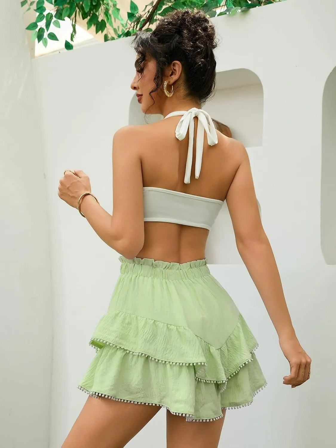 Flowy Shorts for Women Casual Boho Skorts Floral Ruffle Tiered High Waist Flared Mini Skirts Tennis Golf Shorts