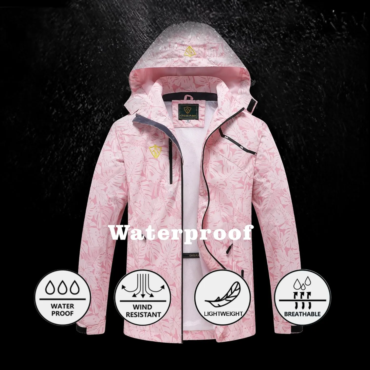 GIISAM Women's Waterproof Rain Jacket,Lightweight Windproof Full Zip Women's Packable Fall Raincoat Windbreaker with Hood