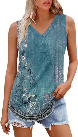 GOFULY Tank Top for Women Dressy V Neck Tops Loose Fit Sleeveless Floral Print Shirts Dressy Casual Summer 2025 Blouses