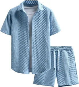 GORGLITTER Men's 2 Piece Outfits Waffle Knit Button Down Shirt Top and Shorts Set