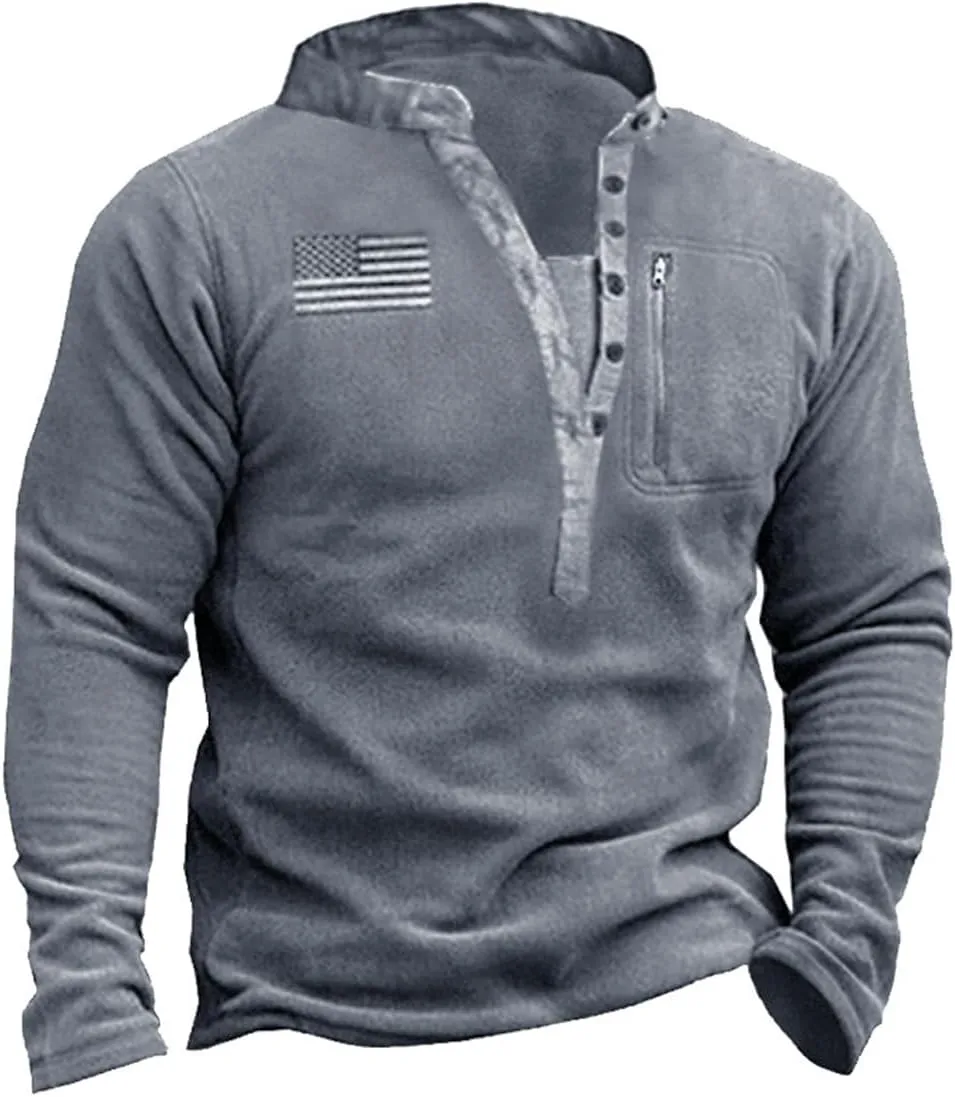 HARGLESMAN Mens Fleece Sweatshirts American Flag Patriotic Pullover Sweaters Henley Collar V-Neck Button Up Warm Comfortable Soft Top Shirts Cloth Man Winter Fall Grey XL