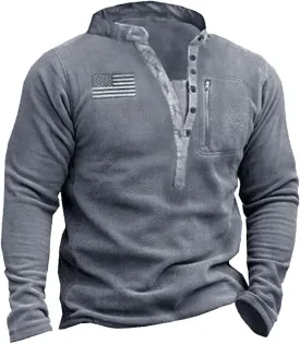 HARGLESMAN Mens Fleece Sweatshirts American Flag Patriotic Pullover Sweaters Henley Collar V-Neck Button Up Warm Comfortable Soft Top Shirts Cloth Man Winter Fall Grey XL