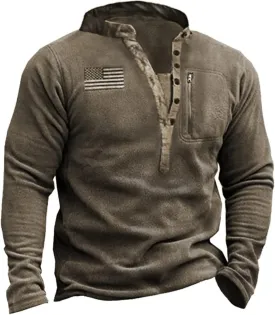 HARGLESMAN Mens Fleece Sweatshirts American Flag Patriotic Pullover Sweaters Henley Collar V-Neck Button Up Warm Soft Top Shirts Cloth Man Outdoor Winter Fall Autumn Brown 2XL