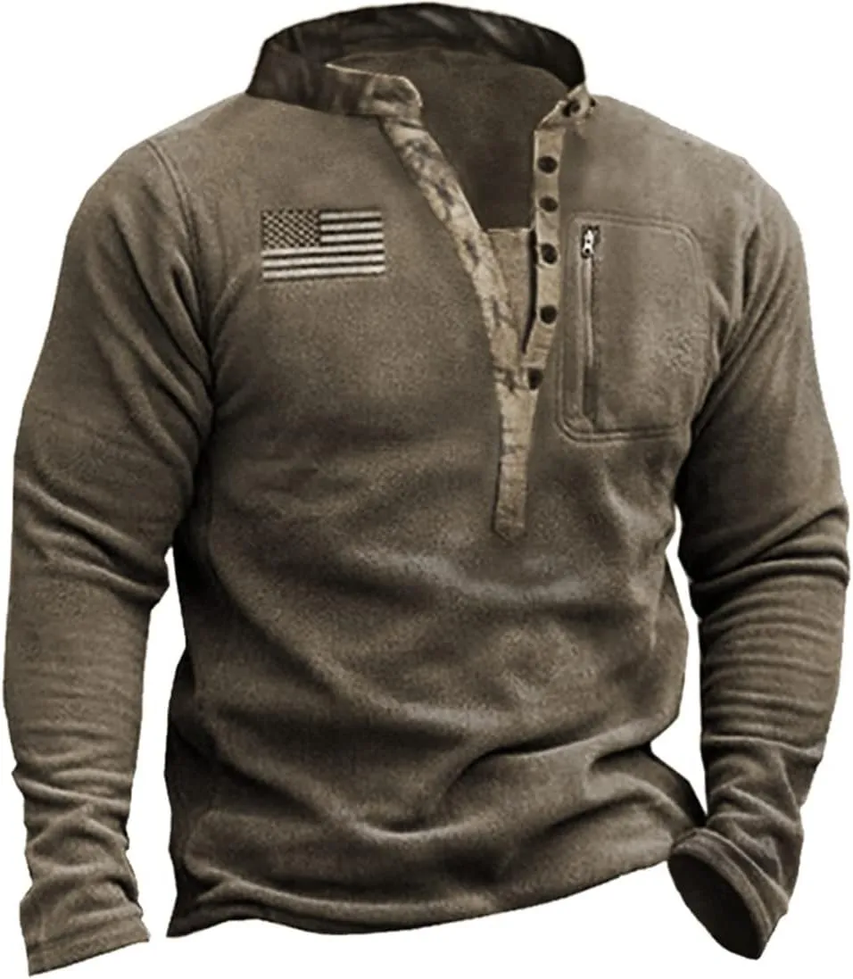 HARGLESMAN Mens Fleece Sweatshirts American Flag Patriotic Pullover Sweaters Henley Collar V-Neck Button Up Warm Soft Top Shirts Cloth Man Outdoor Winter Fall Autumn Brown 2XL