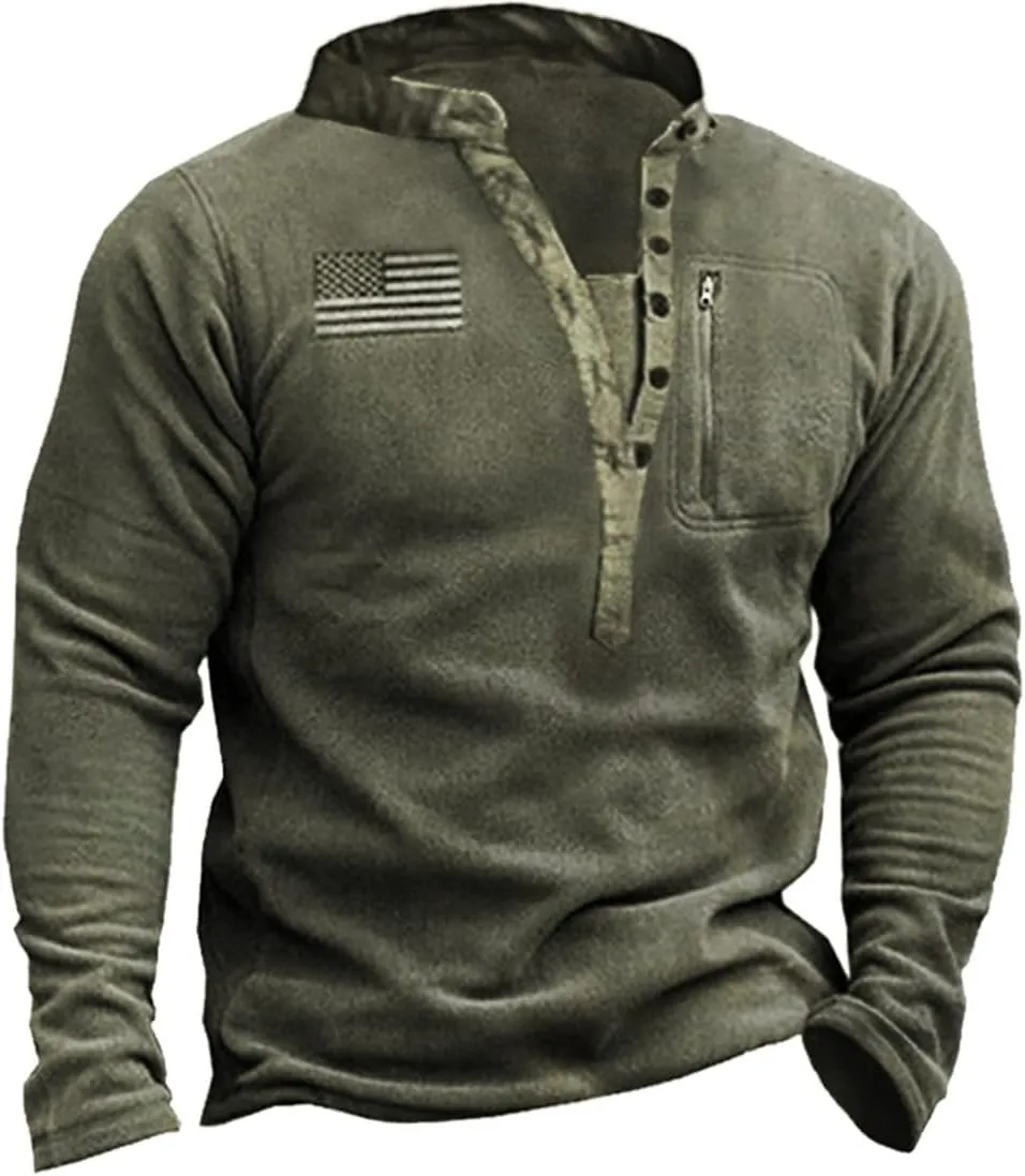 HARGLESMAN Mens Fleece Sweatshirts American Flag Patriotic Pullover Sweaters Henley Collar Warm Comfortable Soft Top Shirts Cloth Man Outdoor Winter Fall Armygreen 3XL