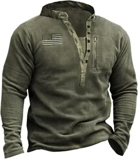 HARGLESMAN Mens Fleece Sweatshirts American Flag Patriotic Pullover Sweaters Henley Collar Warm Comfortable Soft Top Shirts Cloth Man Outdoor Winter Fall Armygreen 3XL