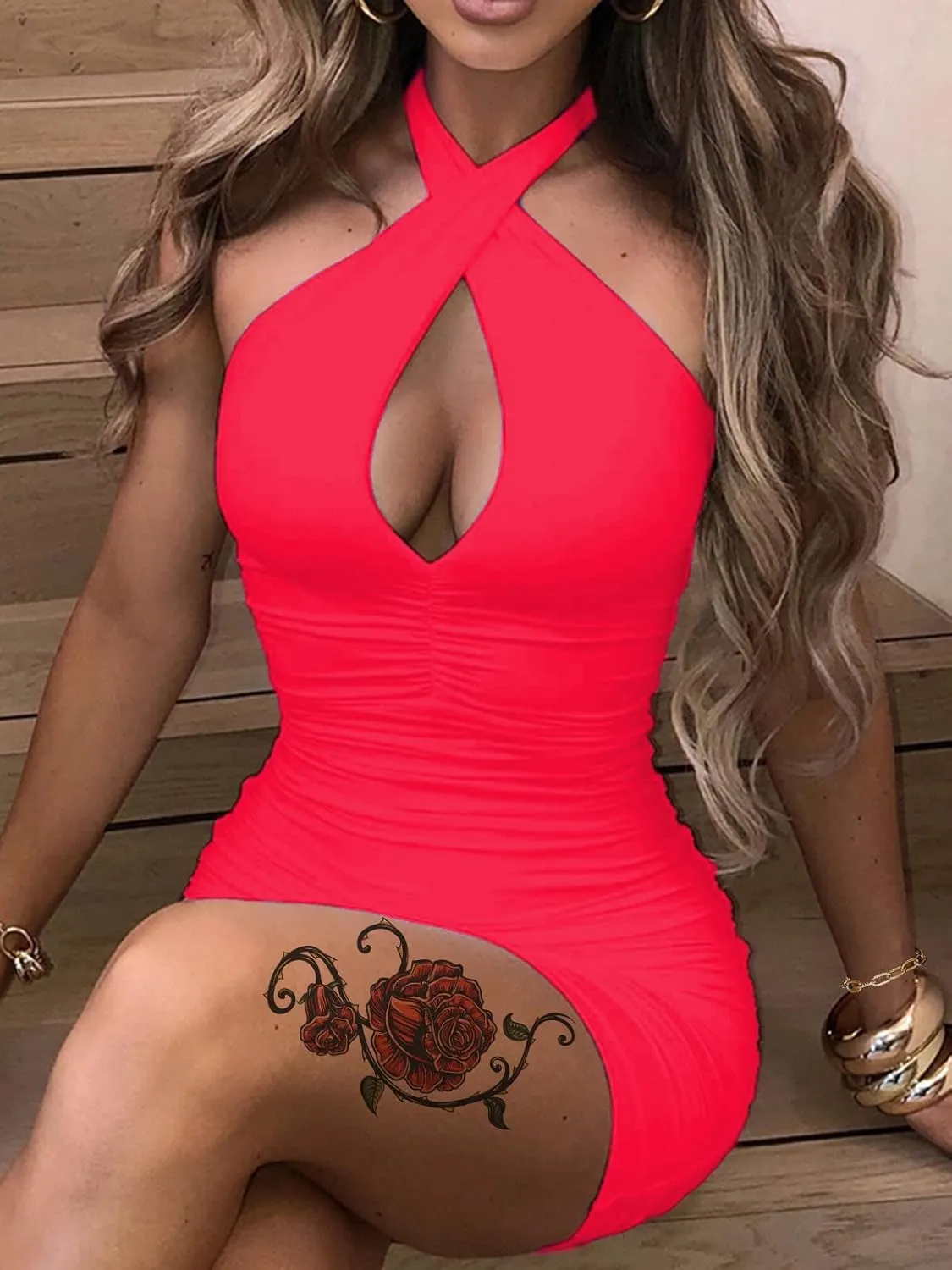 Hilinker Women's Sexy Crisscross Halter Ruched Mini Dress Cut Out Bodycon Club Party Dresses