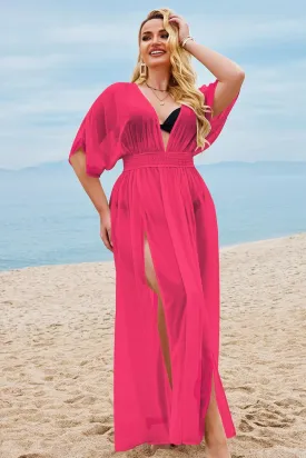 IN'VOLAND Womens Plus Size Swimsuit Cover Up Deep V Neck Bathing Suit Swimwear Bikini Coverup Long Split Kaftan Kimono Dress