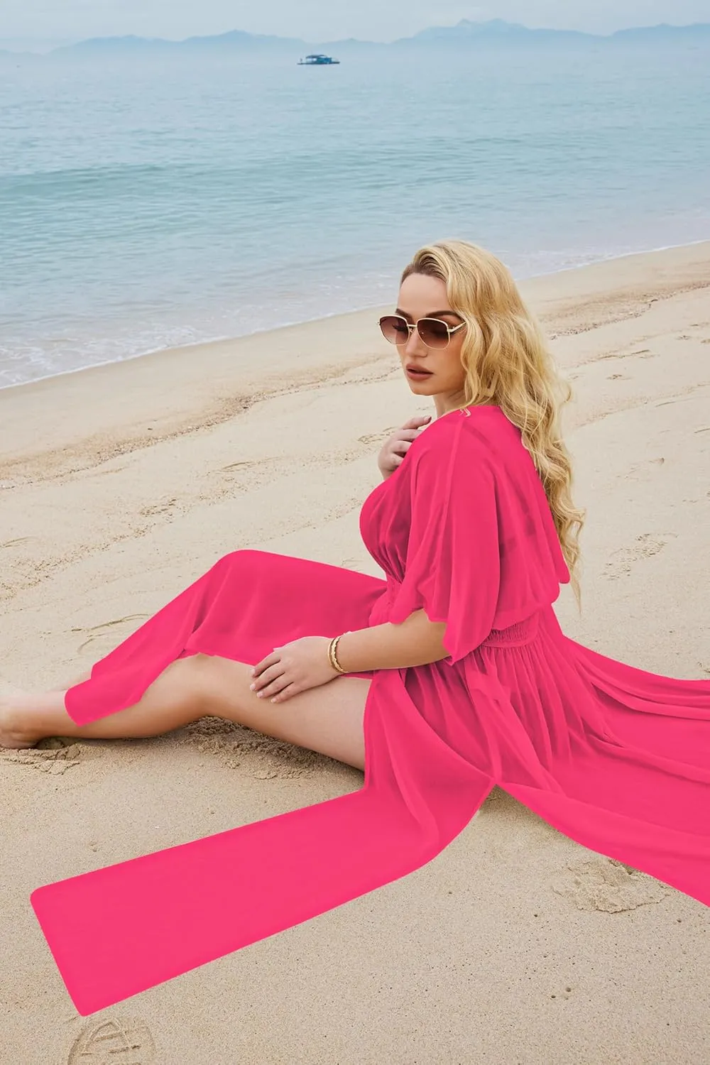 IN'VOLAND Womens Plus Size Swimsuit Cover Up Deep V Neck Bathing Suit Swimwear Bikini Coverup Long Split Kaftan Kimono Dress