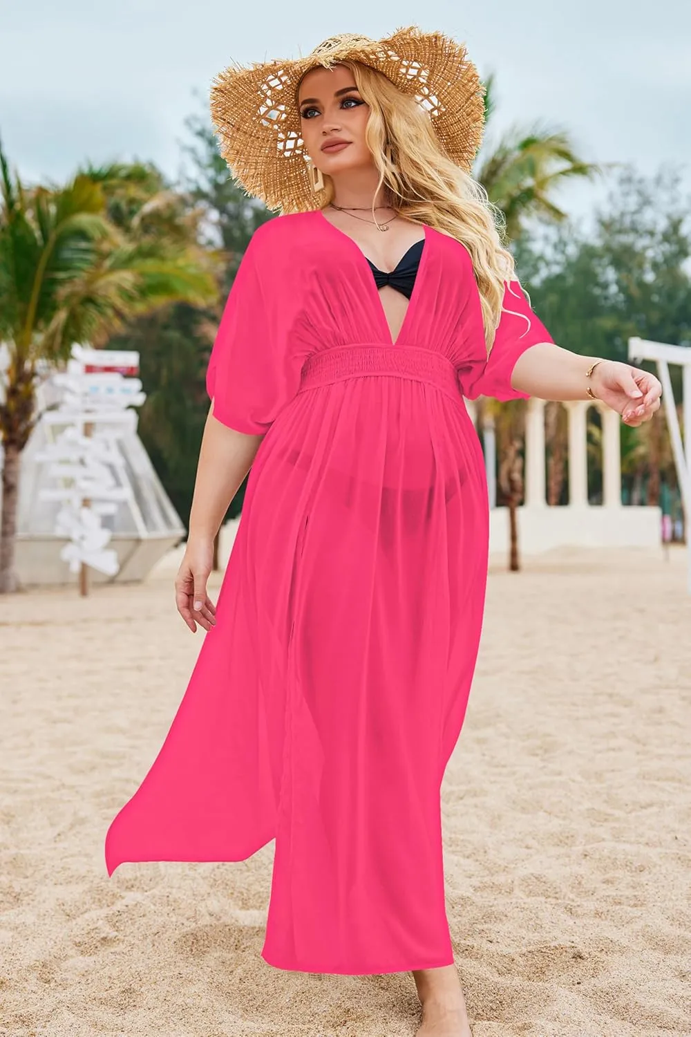 IN'VOLAND Womens Plus Size Swimsuit Cover Up Deep V Neck Bathing Suit Swimwear Bikini Coverup Long Split Kaftan Kimono Dress