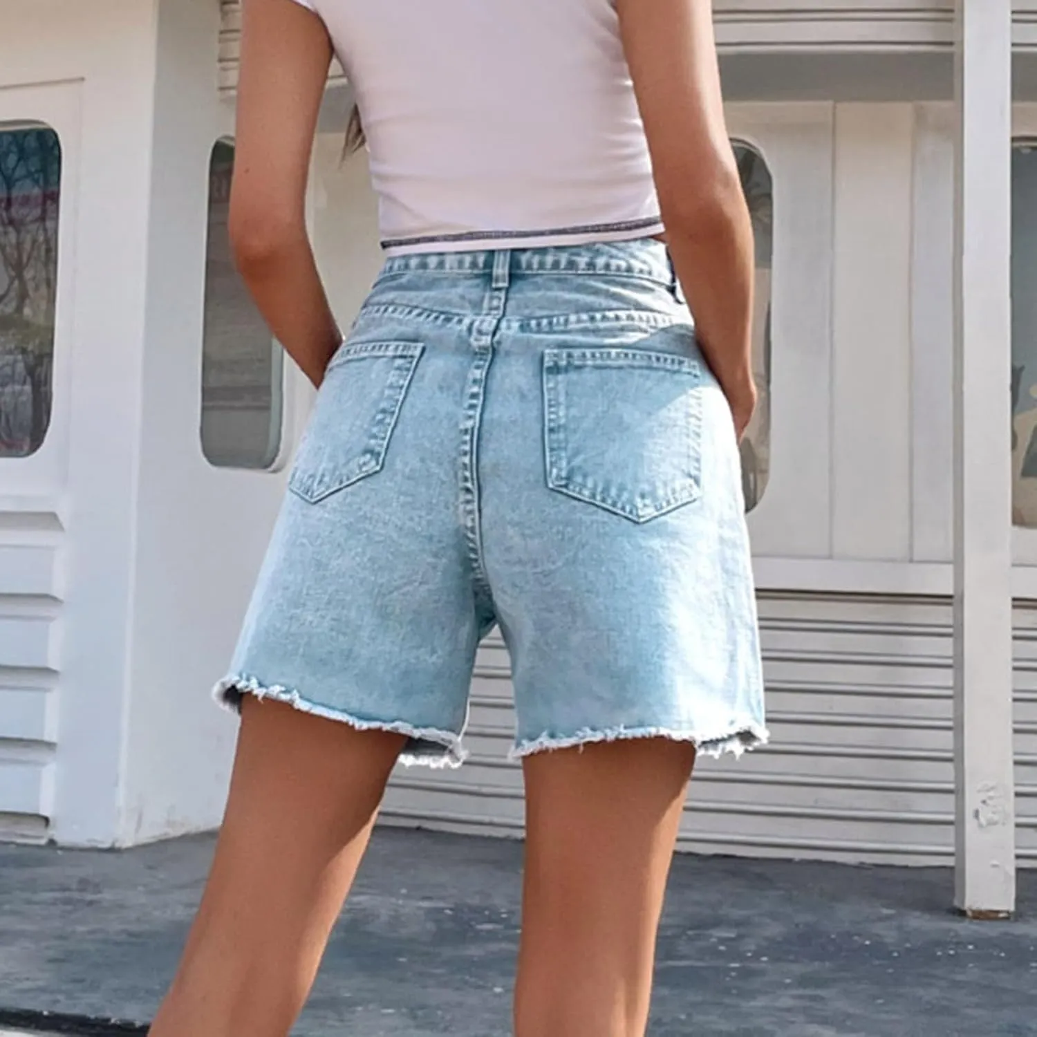 Jean Shorts for Women Trendy High Waisted Stretchy Denim Summer Raw Hem Mom Long Shorts Cutoff Jorts with Pockets